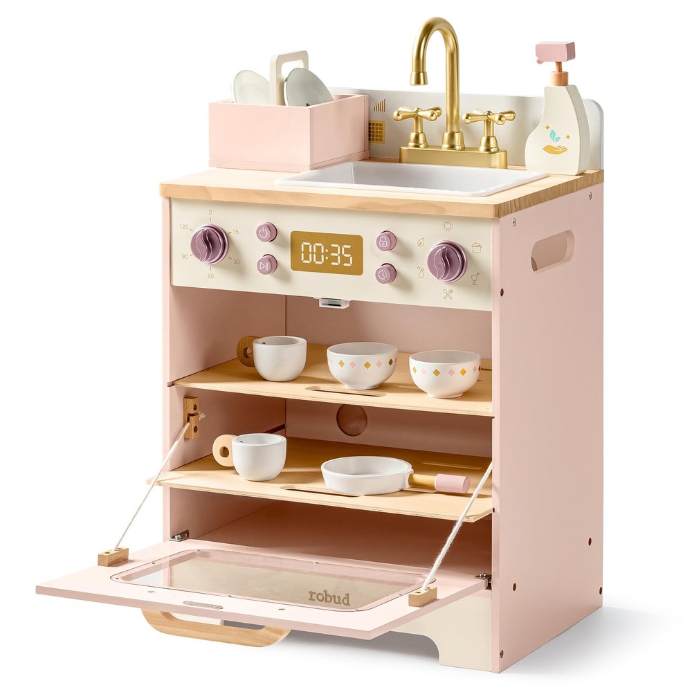 ROBUD Wooden Dishwasher Playset, Play Kitchen Set, Toy Dishwasher for Kids, Pretend Toddlers Kitchen Toy with Storage Baskets, Plates, Bowls and Detergent, Gift for Boys & Girls, Age 3+ (Pink)