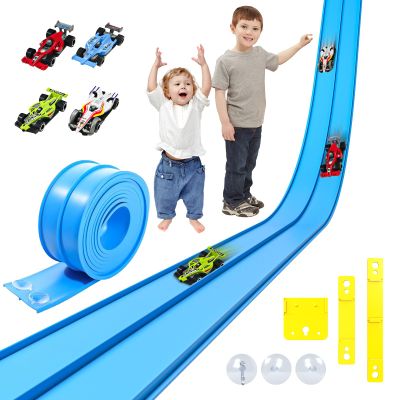 Flexible Race Car Track, 16.4ft Car Track for Kids with Suction Cups, Rolls Up Portable Racetrack for Kids 3+ Years Old