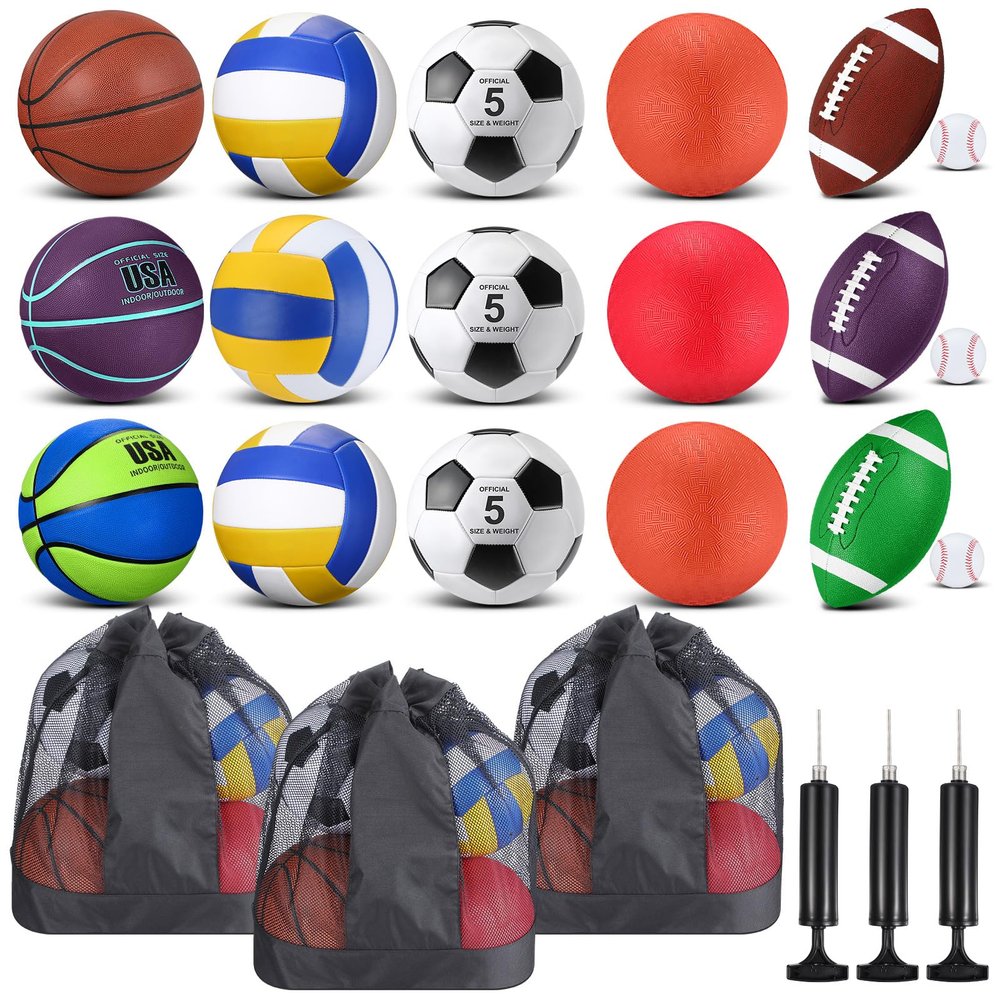 Leyndo 18 Pcs Sport Balls Bulk Set Basketball Football Soccer Playground Balls Volleyball Baseball with Sport Equipment Bag Pump for Adults Outdoor Indoor Recess PE Gifts Back to School(Green)