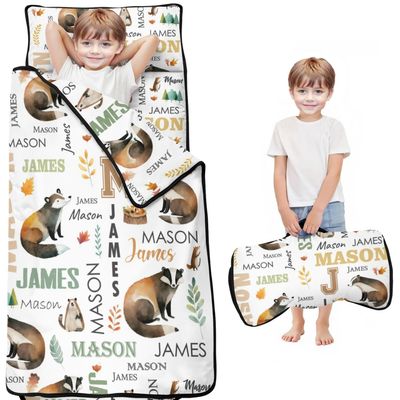 Personalized Monogram Toddler Nap Mat for Boys Girls with Name Custom Sleeping Bag with Blanket & Pillow, Soft Roll Up Nap Mat for Preschool, Daycare & Kindergarten