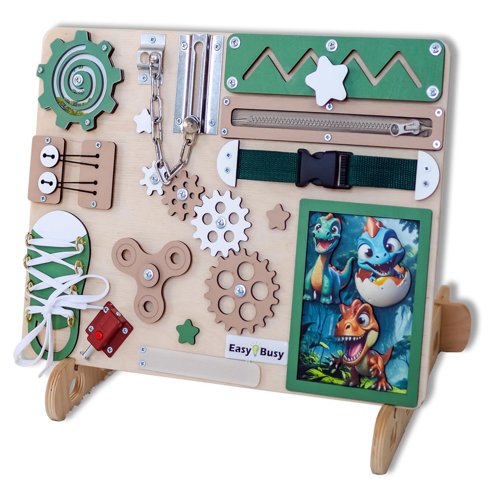 Sensory busy board for 1 2 3 year old, dino montessori toy, magnetic toddler activity board, dinosaur baby gift, small busyboard with or without a stand (With a stand)
