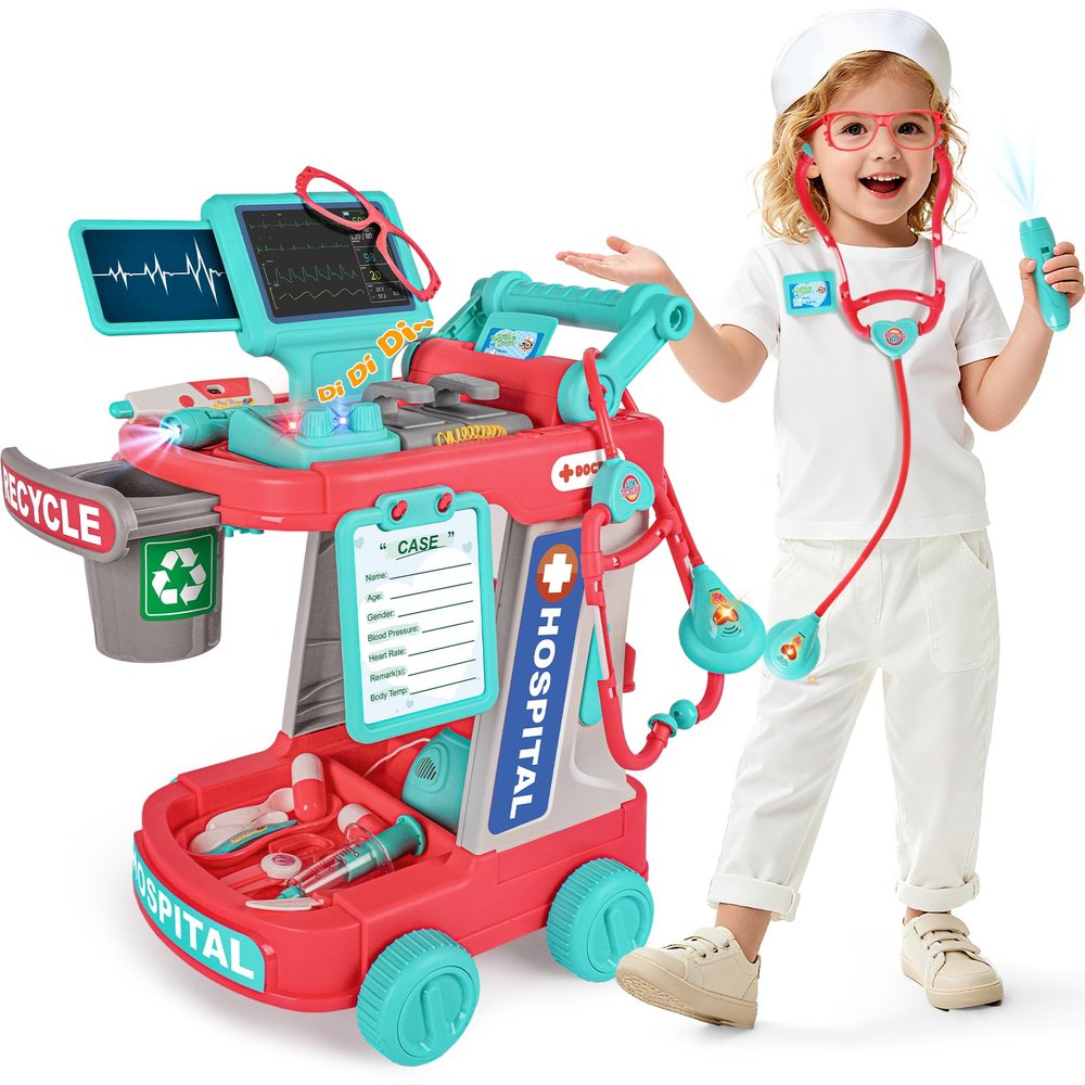 MUZREES Doctor Kit for Kids, Pretend Play Medical Toy Doctor Cart, Doctor Toy for Toddlers 3-5, Christmas Birthday Costume Role Play Dress Up Gift Ideas for Boys Girls