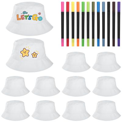 12Pcs White Bucket Hats,DIY Hats Crafts for Kids with 12-Color Pens,Craft Blank Sublimation Hat Set,Decorate Yourself Hats Making Kit for Kids,Fits Head Size 20.5-21.3 in,Unisex Hat for Party Favors