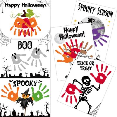 24 PCS Halloween Handprint Kits Crafts with 3 PCS Large Ink Pads Make Your Own Halloween Handprint Crafts DIY Hand Keepsake Arts Gifts for Kids Students Fall Party Supplies School Classroom Activities