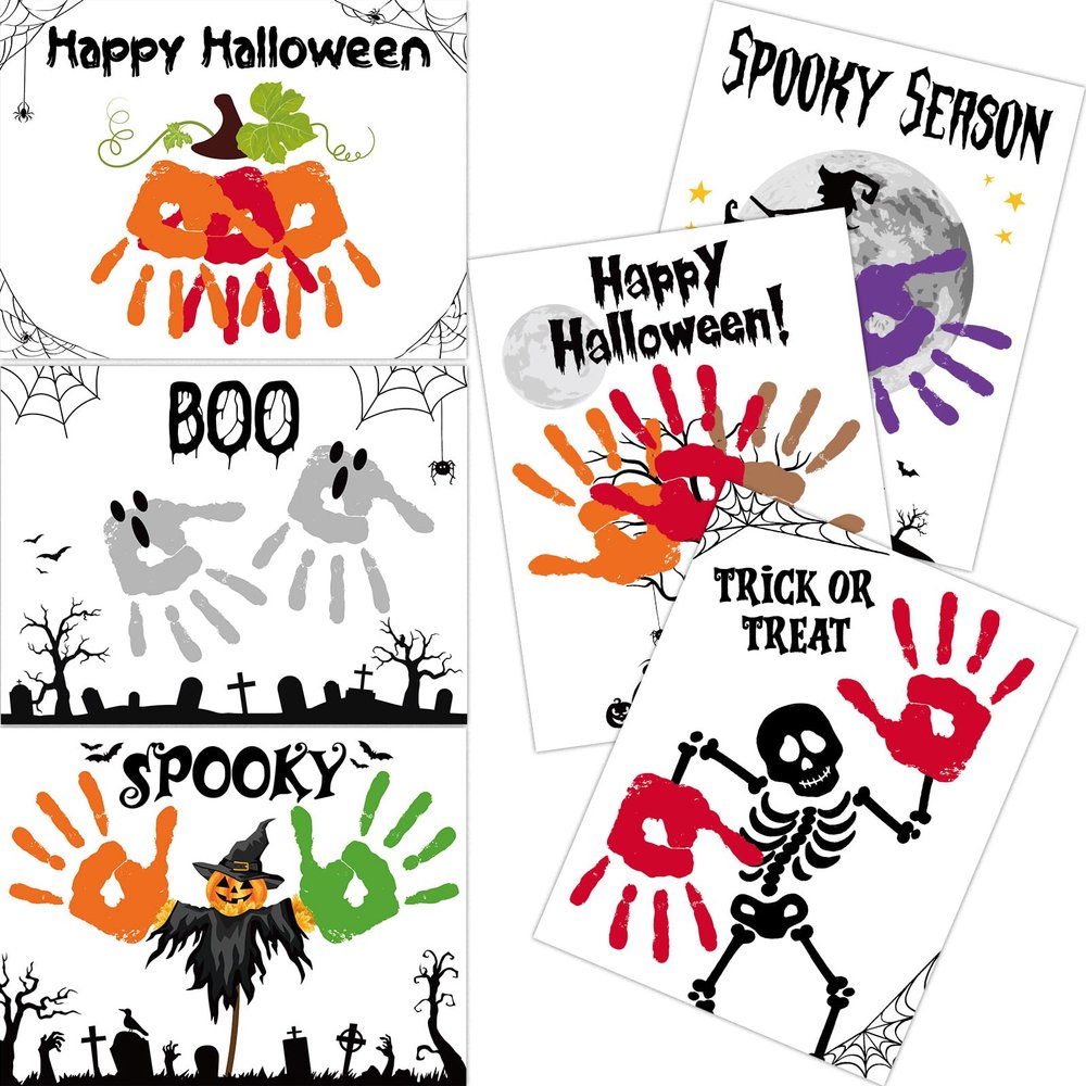 24 PCS Halloween Handprint Kits Crafts with 3 PCS Large Ink Pads Make Your Own Halloween Handprint Crafts DIY Hand Keepsake Arts Gifts for Kids Students Fall Party Supplies School Classroom Activities