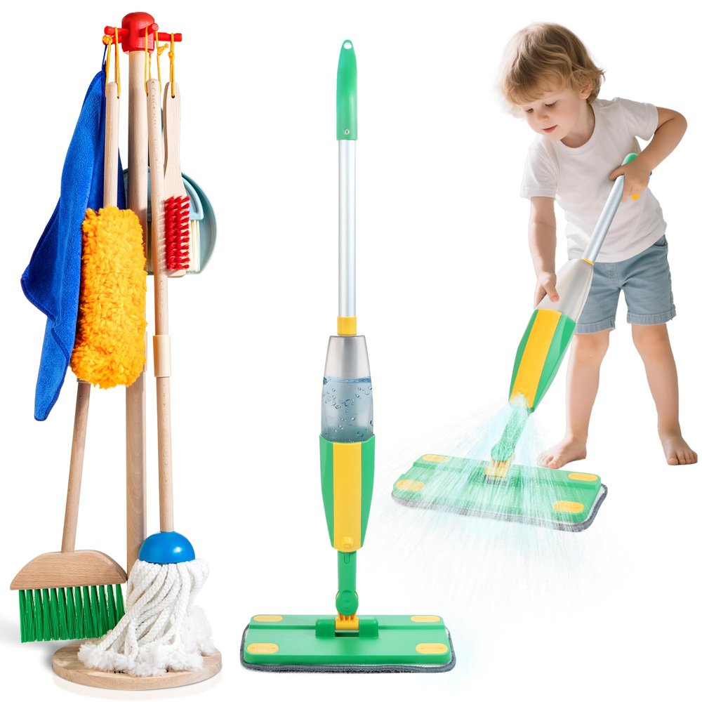 WOODMAM Wooden Kids Cleaning Set with Spray Mop, Montessori Cleaning Toys Real Water Sprayer and Toddler Broom Mop Set, Housework Pretend Play Toy Gift for Boys Girls Ages 3+