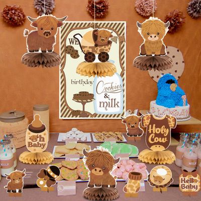12Pcs Highland Cow Honeycomb Centerpieces Brown Highland Cattle Baby Shower Table Decorations Holy Cow Gender Reveal Cutouts Welcome Baby Party Table Toppers Photo Props Decor for Baby