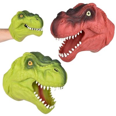 2 Pack Stretchy Dinosaur Hand Puppets - Realistic T-Rex Toys, Green and Red Soft Rubber, Great for Kids Ages 3+, Storytelling, Dino Puppet Party Favors, Classroom, Bath Time, Indoor & Outdoor