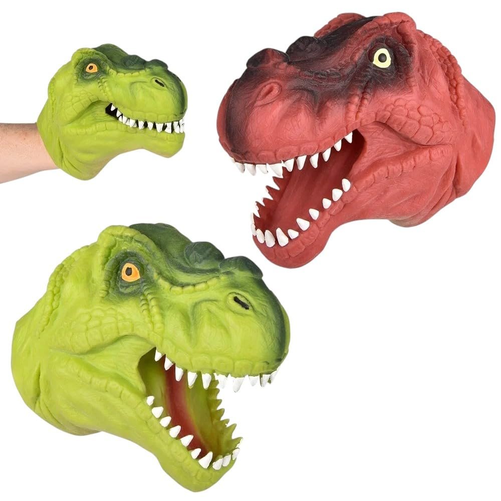 2 Pack Stretchy Dinosaur Hand Puppets - Realistic T-Rex Toys, Green and Red Soft Rubber, Great for Kids Ages 3+, Storytelling, Dino Puppet Party Favors, Classroom, Bath Time, Indoor & Outdoor