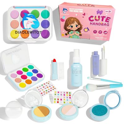 Diaolewitoy Pretend Makeup Kit for Girls, 15 Piece Kids Fake Makeup Toy Set, Educational Playhouse Toys for Girls Ages 3-6, Eco Friendly ABS Plastic (Not Real Makeup) (Blue)