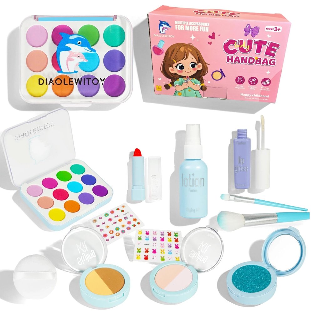 Diaolewitoy Pretend Makeup Kit for Girls, 15 Piece Kids Fake Makeup Toy Set, Educational Playhouse Toys for Girls Ages 3-6, Eco Friendly ABS Plastic (Not Real Makeup) (Blue)