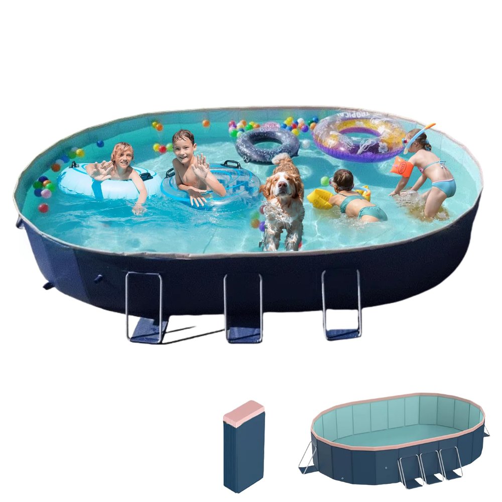 3m Oval Above Ground Pool - No Inflation Needed, Foldable PVC Family Swimming Pool for Backyard, Dark Blue(118.11 x 86.61 x 19.69inch)