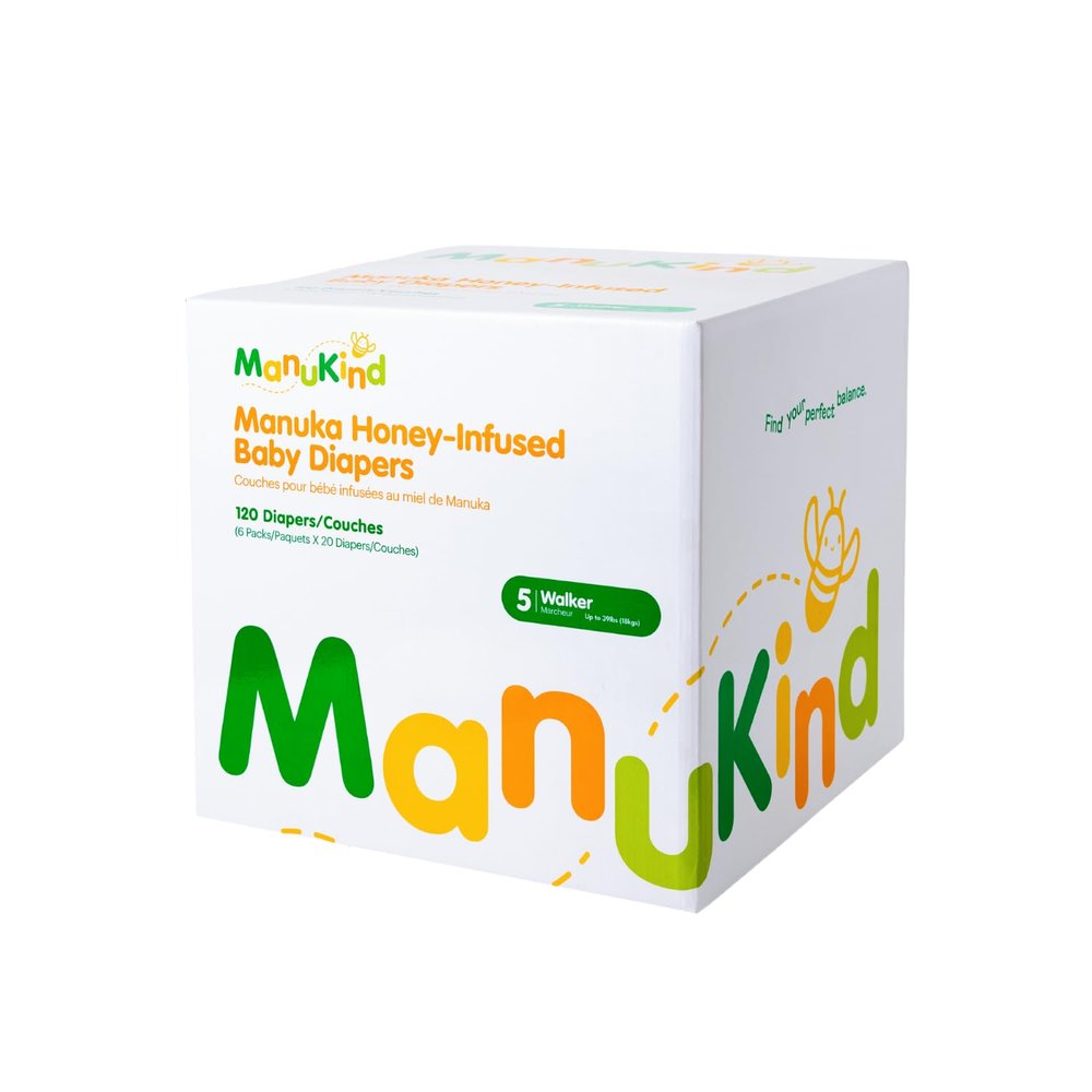 ManuKind Baby Diapers, Manuka Honey Infused, Ultra Soft, Plant-Based Materials, Quick-Dry Comfort, Leak Guard Protection, Size 5 120 Diapers (6 Packs of 20)