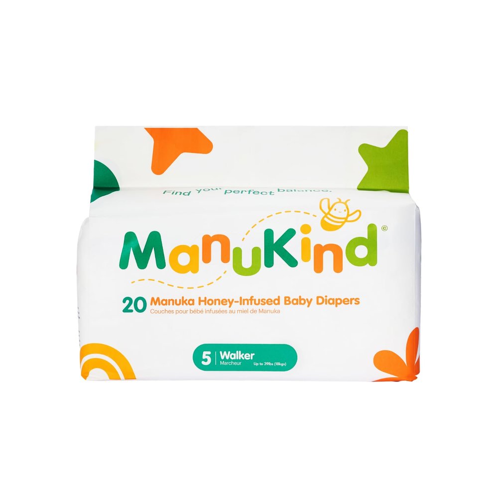 ManuKind Baby Diapers, Manuka Honey Infused, Ultra Soft, Plant-Based Materials, Quick-Dry Comfort, Leak Guard Protection, Size 5  20 Diapers