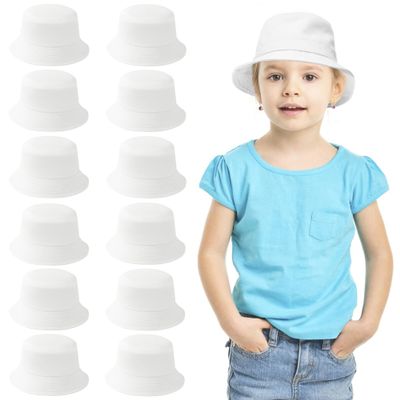 12 Pieces Kids Bucket Hat For Children Aged 26 Years, Cotton Blank Sun Hat For DIY Sublimation Tie Dye(White)