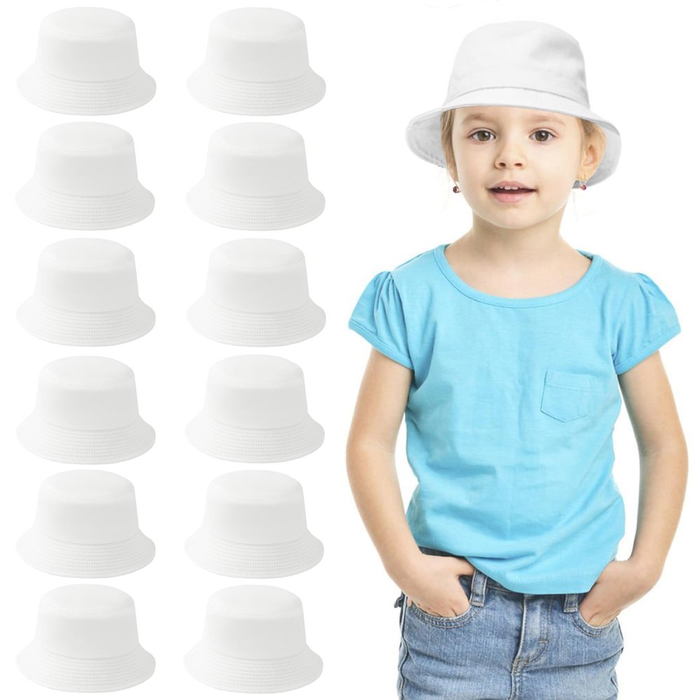 12 Pieces Kids Bucket Hat For Children Aged 26 Years, Cotton Blank Sun Hat For DIY Sublimation Tie Dye(White)