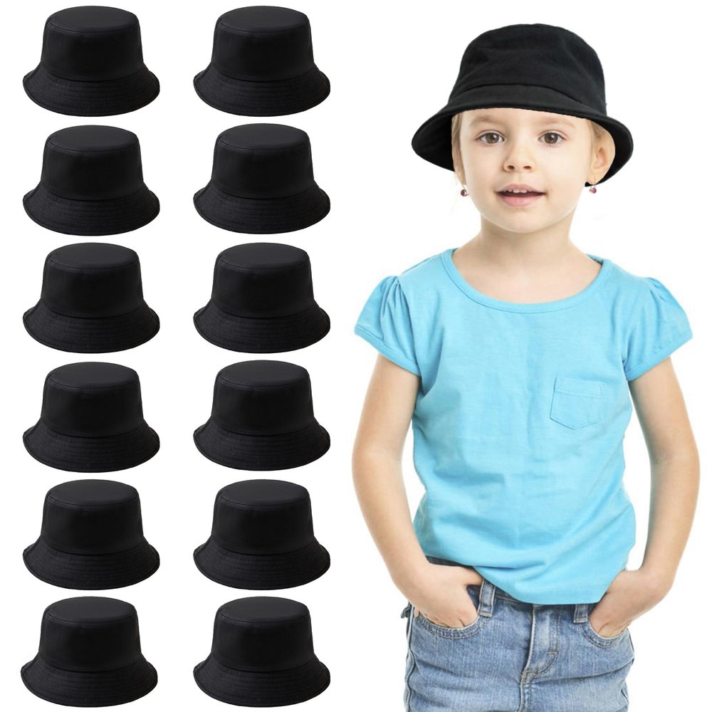 12 Pieces Kids Bucket Hat for Children Aged 26 Years, Cotton Blank Sun Hat for DIY Sublimation Tie Dye(Black)