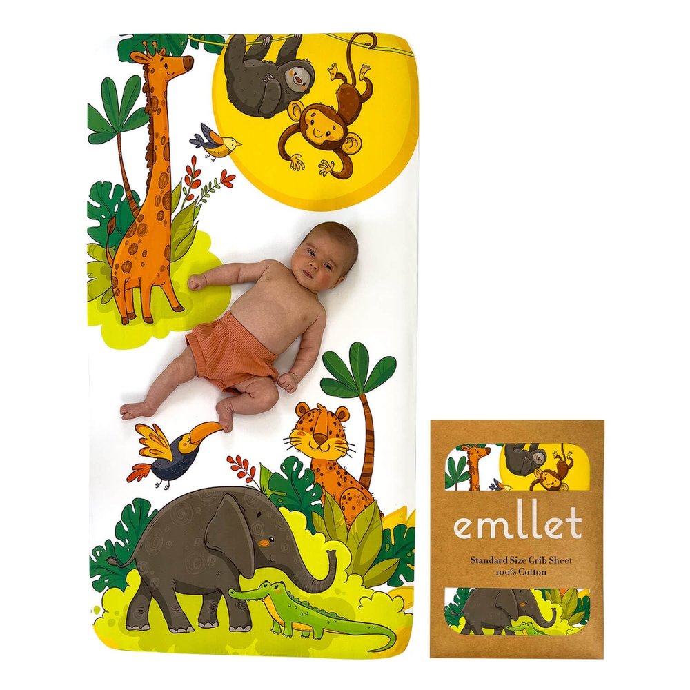 100% Cotton Crib Sheet  Safari Friends Jungle Animals Theme, Cute Breathable Bedding for Babies, Fits Standard Crib 52x28 Inches