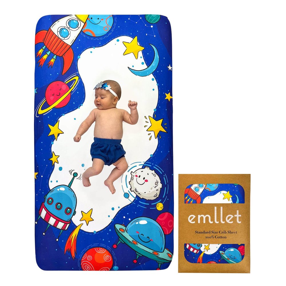 100% Cotton Fitted Crib Sheet  Cosmic Adventure Space Theme, Soft Nursery Bedding for Baby Boy or Girl, Fits Standard Crib Mattress 52x28in