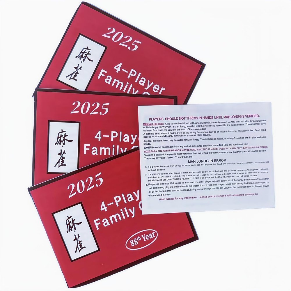 2025 Mahjong Rule Cards, 4 Pack Mahjong Guide, Large Print Travel-Friendly Hands and Rules for 4 Players, Family & Tournament Use (Red)