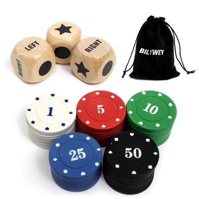 Bilywey Left Right Center Dice Game Set with 3Pcs 1Inch Wood Dices + 50pcs Colorful Poker Chips (Wood Set)