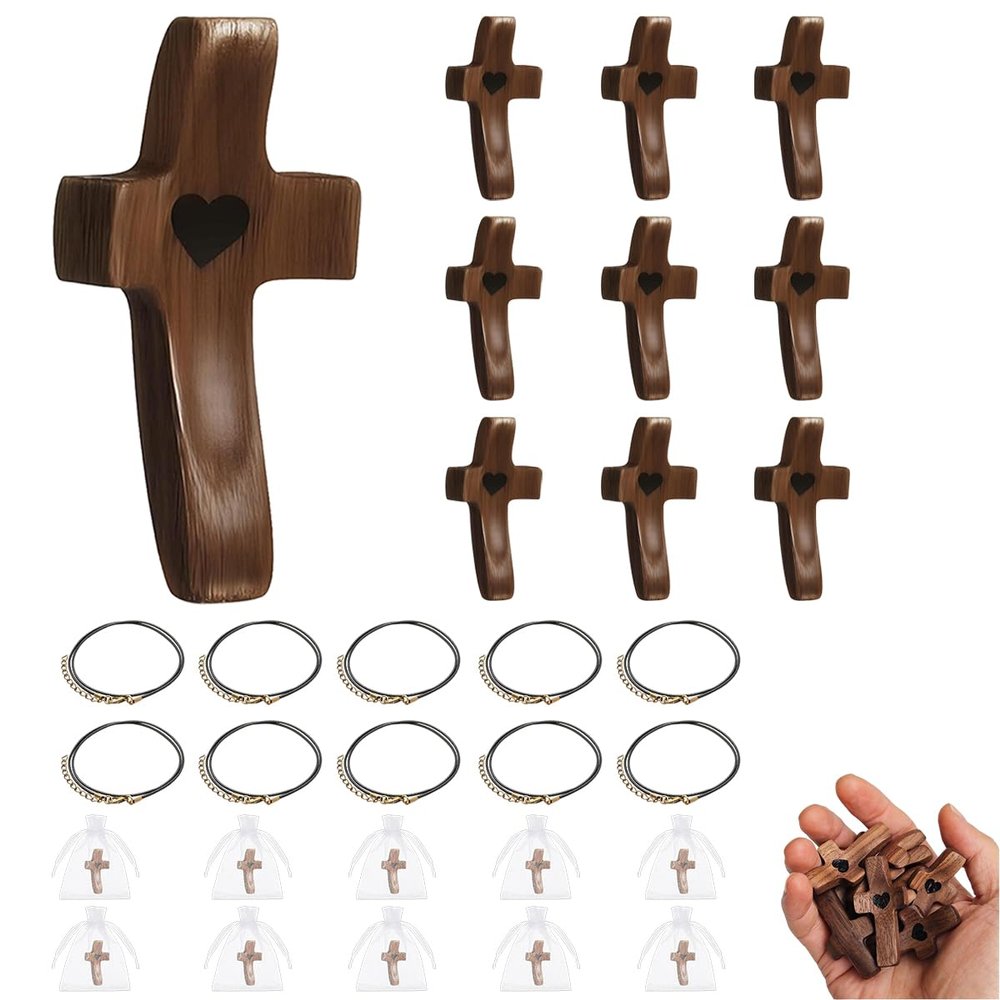 10Pcs Handcrafted Wood Cross Fidget - Pocket Cross My Heart for Prayer & Stress Relief, Handheld Religious Toy to Relieve Anxiety, Encouraging Christian Gift for Easter, First Communion, Fathers Day