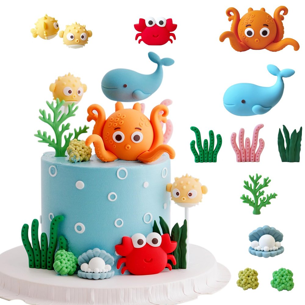 10PCS Ocean Underwater World Cake Decorations,Ocean Animals Cute Octopus,Whale & Crab Figurines for Birthday Cake Toppers (orange)