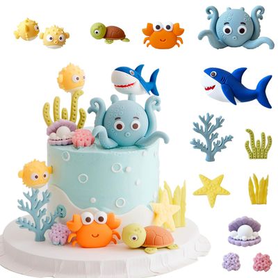 12PCS Ocean Underwater World Cake Decorations,Ocean Animals Cute Octopus, Shark & Crab Figurines for Birthday Cake Toppers (BLUE)