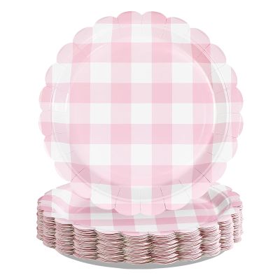 50Pcs Pink Gingham Paper Plates 9Inch Heavy Duty Pink White Scalloped Plaid Disposable Dessert Plates Checkered Party Decorations for Kids Baby Shower BBQ Birthday Bride Wedding Party Supplies