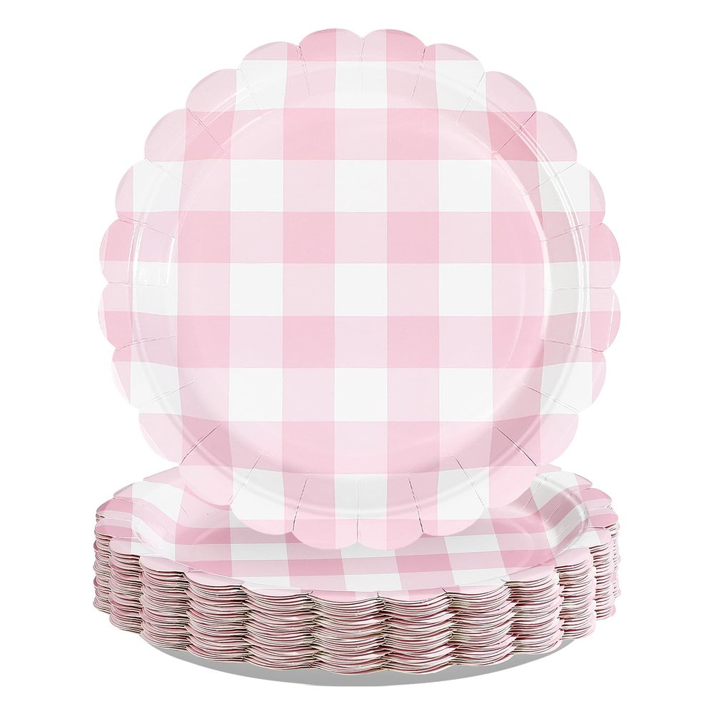 50Pcs Pink Gingham Paper Plates 9Inch Heavy Duty Pink White Scalloped Plaid Disposable Dessert Plates Checkered Party Decorations for Kids Baby Shower BBQ Birthday Bride Wedding Party Supplies