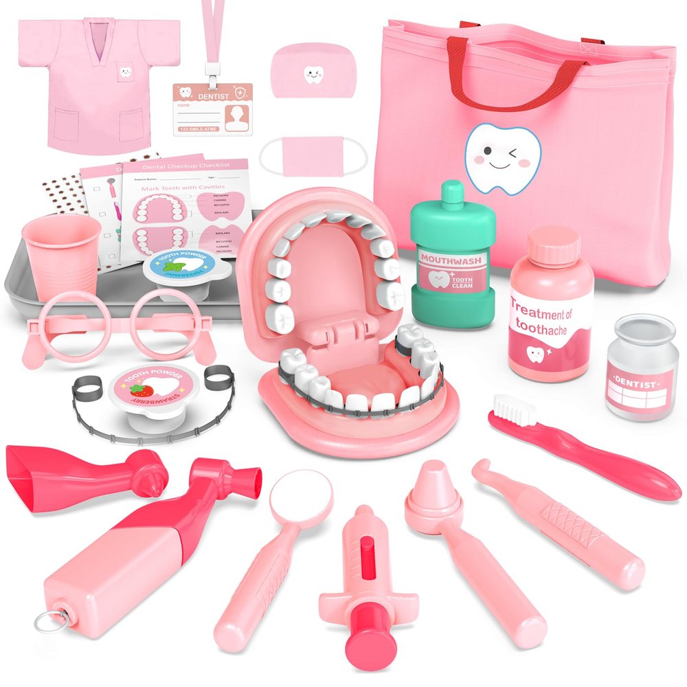 Dentist Play Set for Girls 3-5 - Doctor Kit Toy Gifts for 3 4 Year Old Toddler Girls, Pretend Play Montessori Toys Teeth and Dental Playset Medical Kits for Boys Kids 3 4 5 6 7 8 Pink