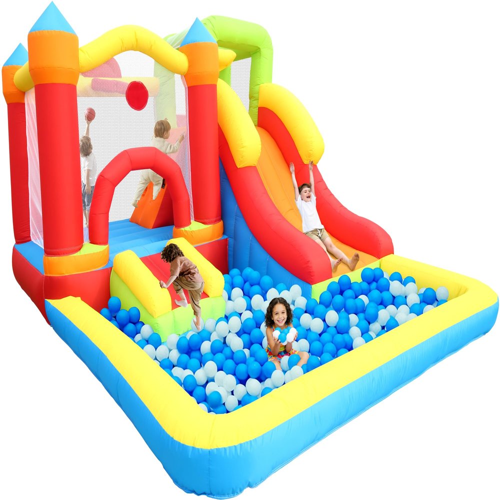 Bounce House with Ball Pit,7-in-1 Inflatable Bouncy Castle with Blower,Climbing Wall,Slide and Basketball Hoop for Backyard,Jump House Playground for Kids Toddlers Ages 3-10 Indoor Outdoor Use