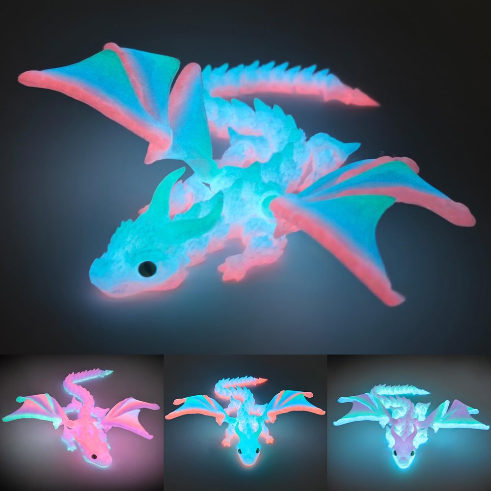 3D Printed Dragon with Wings, 3D Printed Animals Toys, Fidget Dragon Toys, Dragon Glow in The Dark Flexible Articulated Winged Crystal Dragon Model, Desktop Deco, Stocking Easter Basket Stuffers