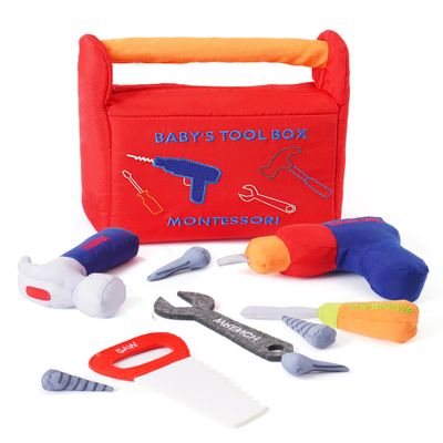 Jollybaby Soft Kid Tool Box Set Toy Inclub Drill Hammer Saw Wrench Screwdriver Screw for Baby, Montessori Preschool Educational Learning Construction Toys for Boy Birthday Gift - RED
