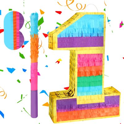 Adecortalk Rainbow Number 1 Pinata Birthday Decorations for Kids, Rainbow Pinata with Bat Stick Blindfold for Boys Girls Birthday Celebrations Baby Shower Party Supplies (16.1x10.6x2.9 Inches)