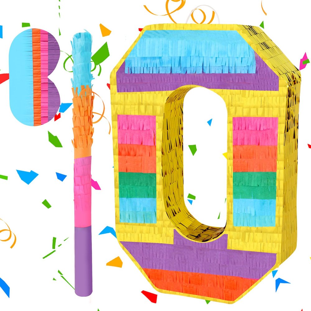 Adecortalk Rainbow Number 0 Pinata Birthday Decorations for Kids, Rainbow Pinata with Bat Stick Blindfold for Boys Girls Birthday Celebrations Baby Shower Party Supplies (16.1x10.6x2.9 Inches)