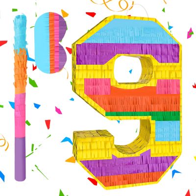 Adecortalk Rainbow Number 9 Pinata Birthday Decorations for Kids, Rainbow Pinata with Bat Stick Blindfold for Boys Girls 9th Birthday Celebrations Baby Shower Party Supplies (16.14x10.6x2.95 Inches)