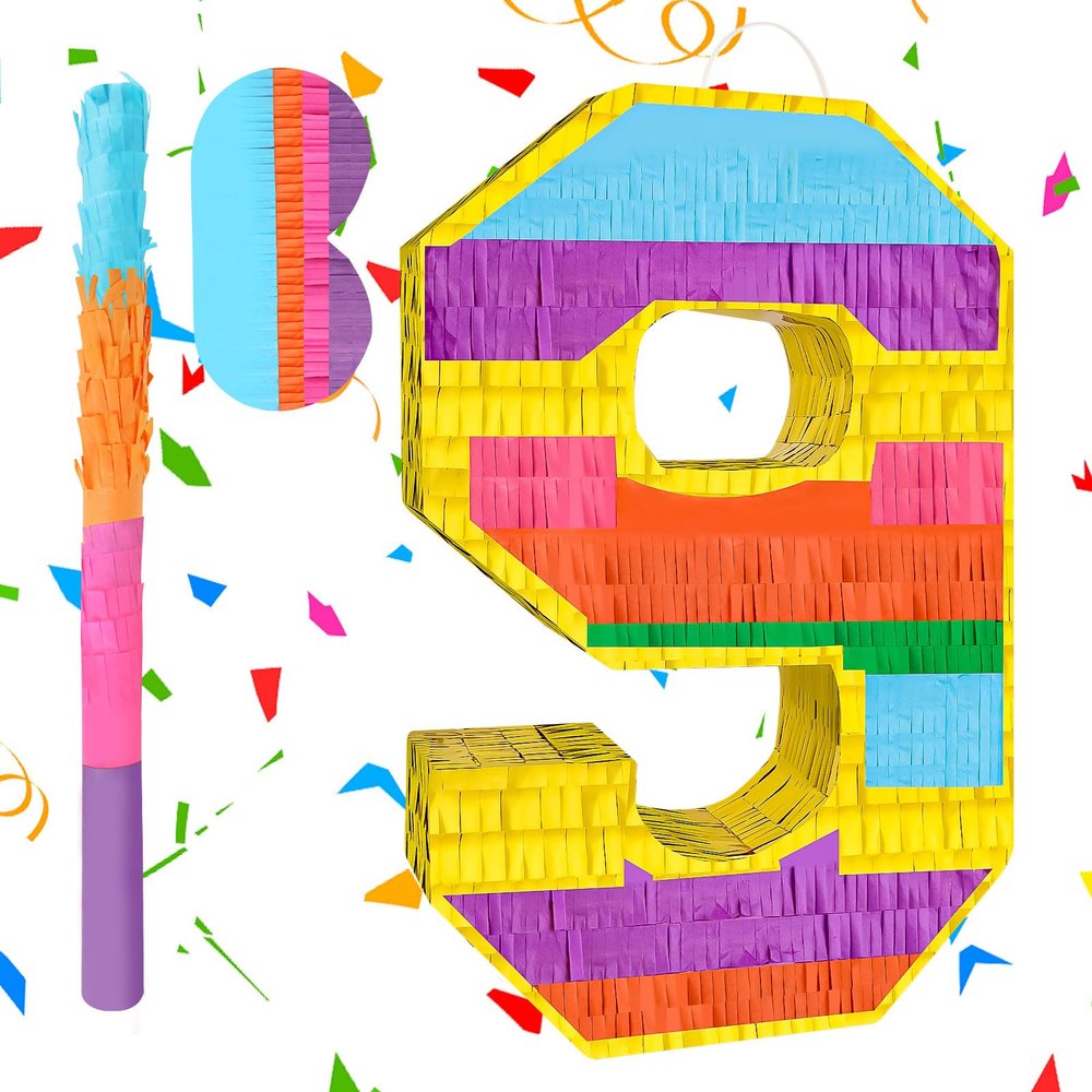Adecortalk Rainbow Number 9 Pinata Birthday Decorations for Kids, Rainbow Pinata with Bat Stick Blindfold for Boys Girls 9th Birthday Celebrations Baby Shower Party Supplies (16.14x10.6x2.95 Inches)