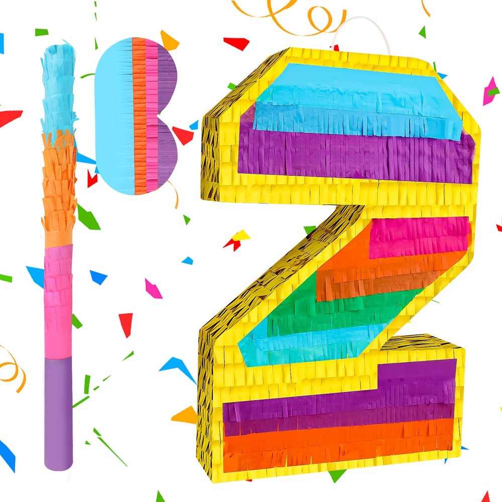 Adecortalk Rainbow Number 2 Pinata Birthday Decorations for Kids, Rainbow Pinata with Bat Stick Blindfold for Boys Girls 2th Birthday Celebrations Baby Shower Party Supplies (16.1x10.6x2.9 Inches)