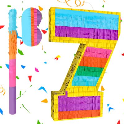 Adecortalk Rainbow Number 7 Pinata Birthday Decorations for Kids, Rainbow Pinata with Bat Stick Blindfold for Boys Girls 7th Birthday Celebrations Baby Shower Party Supplies (16.1x10.6x2.9 Inches)