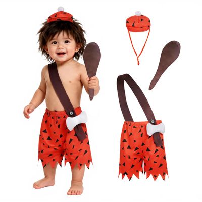 3 Pcs Baby Boys Caveman Costume Primitive BAMM BAMM Costume Historical Stone Age Pebbles Outfit Halloween Family Costumes-L Orange