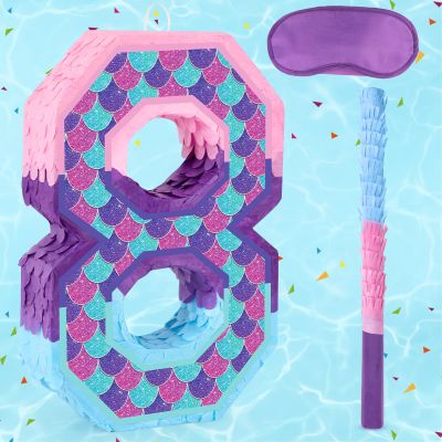 Adecortalk Mermaid Number 8 Pinata Birthday Decorations for Kids Mermaid Pinata with Bat Stick Blindfold for Boys Girls 8th Birthday Celebrations Baby Shower Party Supplies (15.35x11.02x2.95 Inches)