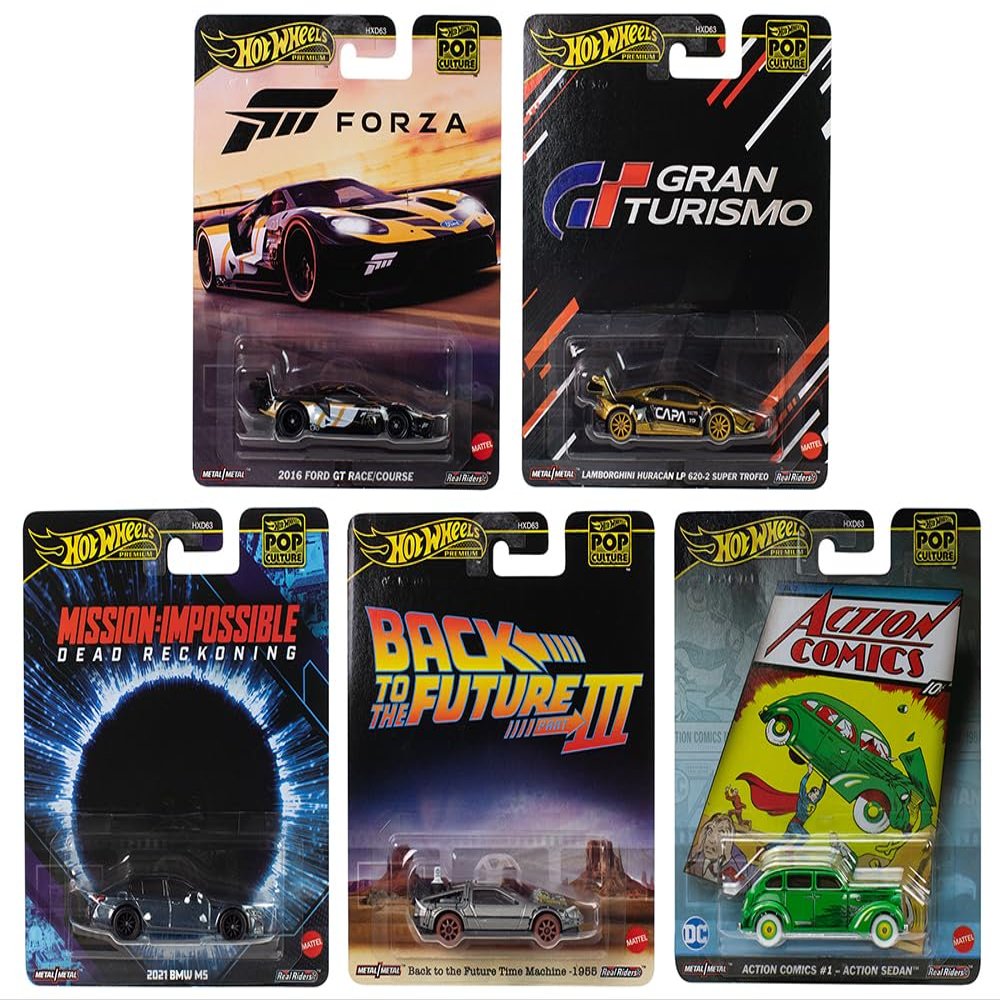 1:64 Scale Diecast Model Car Compatible with Hot Wheels Premium 2025 Pop Culture L Case, Set of 5 Cars, HXD63-956L