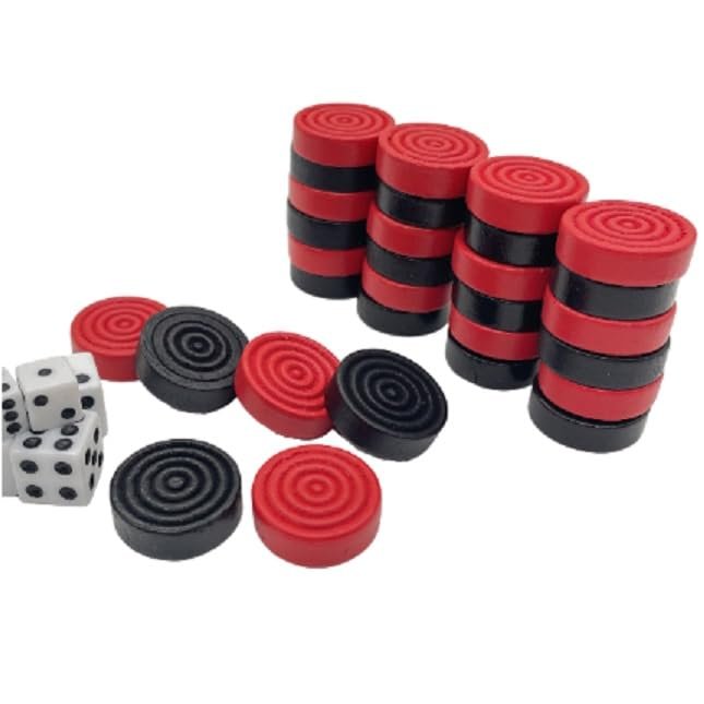 30 Pieces Wooden Backgammon Checkers Replacement Set Checker Board Games Playing Game Chips with 5 Dice Come with Drawstring Storage Pouch (Black&Red 1.06 inch)
