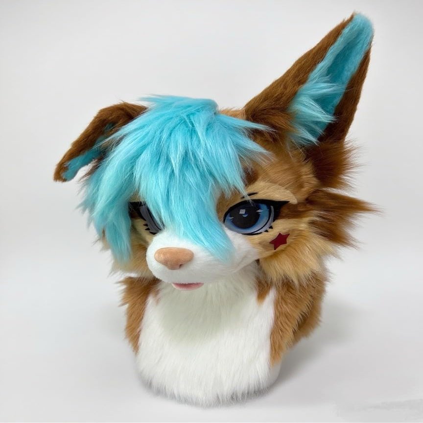 AKYIDE Custom Handmade Fursuit Head, Brown and Turquoise Kigurumi Cosplay Mask, Plush Animal Character Headpiece, Furry Costume Accessory