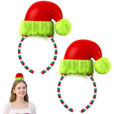 JOYIN 2 Pcs Christmas Elf Hat Headbands, Xmas Elf Furry Hat Headbands with Red & Green Fabric-wrapped, Christmas Headdress for Adults and Children, Parties Role-playing Photo Props