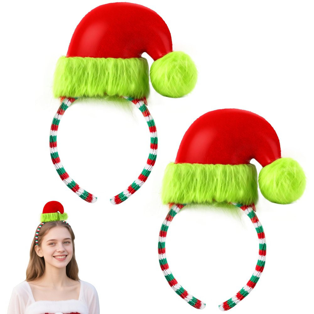 JOYIN 2 Pcs Christmas Elf Hat Headbands, Xmas Elf Furry Hat Headbands with Red & Green Fabric-wrapped, Christmas Headdress for Adults and Children, Parties Role-playing Photo Props