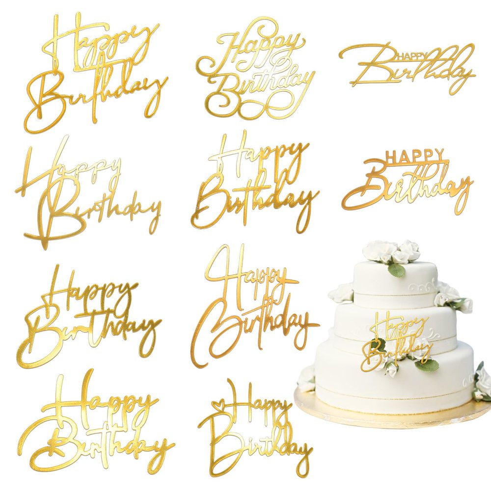 10PCS Gold Happy Birthday Cake Toppers Mirror Acrylic Cake Toppers, Gold Acrylic Birthday Cupcake Toppers for DIY Cake Decor Cake Tools Birthday Party Supplies