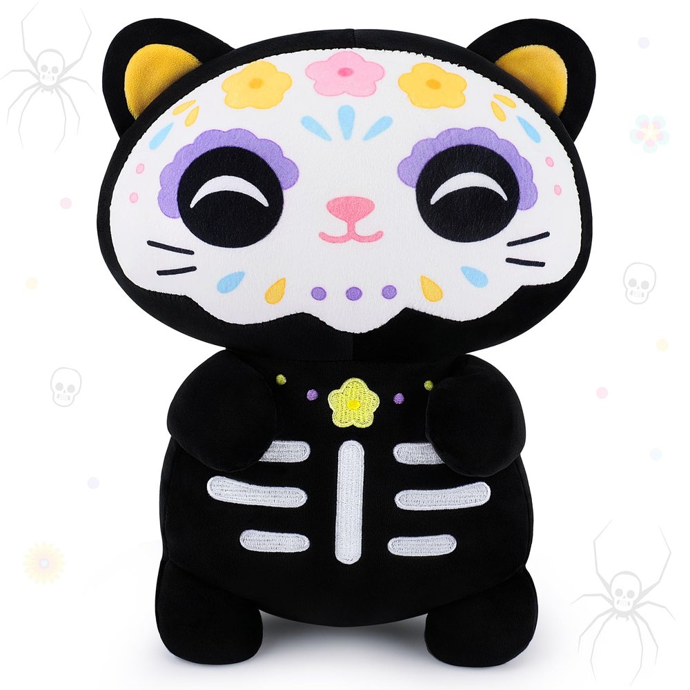 Achwishap Black Cat Stuffed Animal-14 Day of The Dead Cat Plush,Soft Cats Plush Toys Halloween & Da de Los Muertos Gifts for Kids,Cute Kitten Plushies,Kawaii Stuffed Pillow,Animal Pillow for Adults