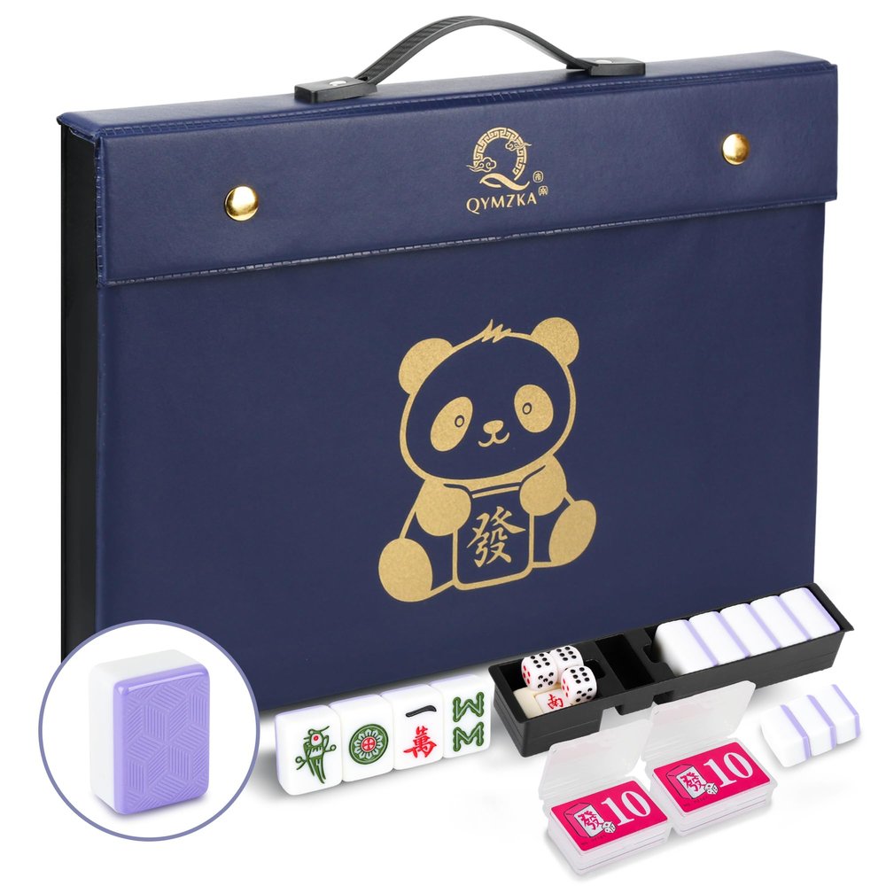 Chinese 1.55"(40MM) Large Purple Mahjong Set with Blue Vinyl Case -152 Melamine Tiles (144 + 8 Blank), Including Dice, Wind indicator,Chips & Mahjong Mat (Majiang)-Collector's Edition for Game Night